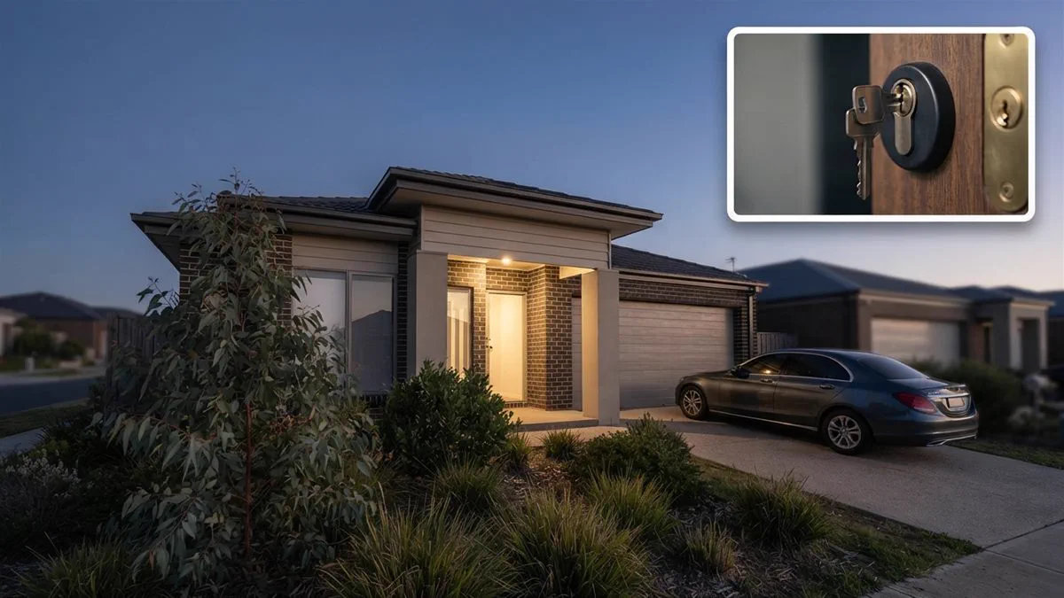 A suburban Australian house at dusk with the front light on
